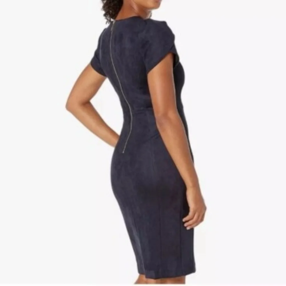 Calvin Klein Faux Suede Tulip  Short-Sleeve Sheath Dress - Navy Blue Sz 4